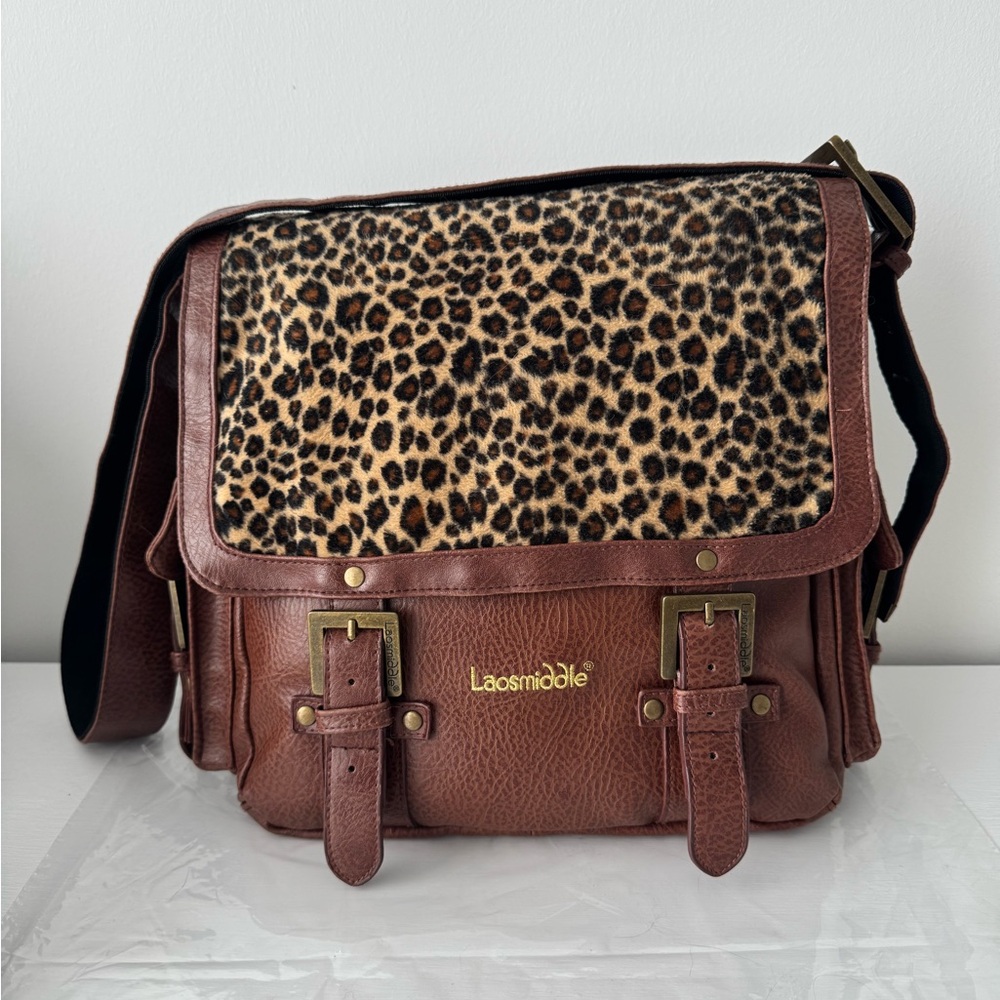 Brown vegan satchel with brushed brass hardware & leopard print